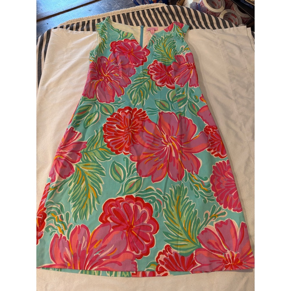 Lilly‎ Pulitzer Women Turquoise Pink Floral V-Neck Sleeveless Shift Dress Size 6